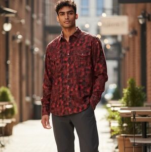 Ace Of Diamond Long Sleeve Pearl Snap Shirt Men S Red/Black Flip Cuff